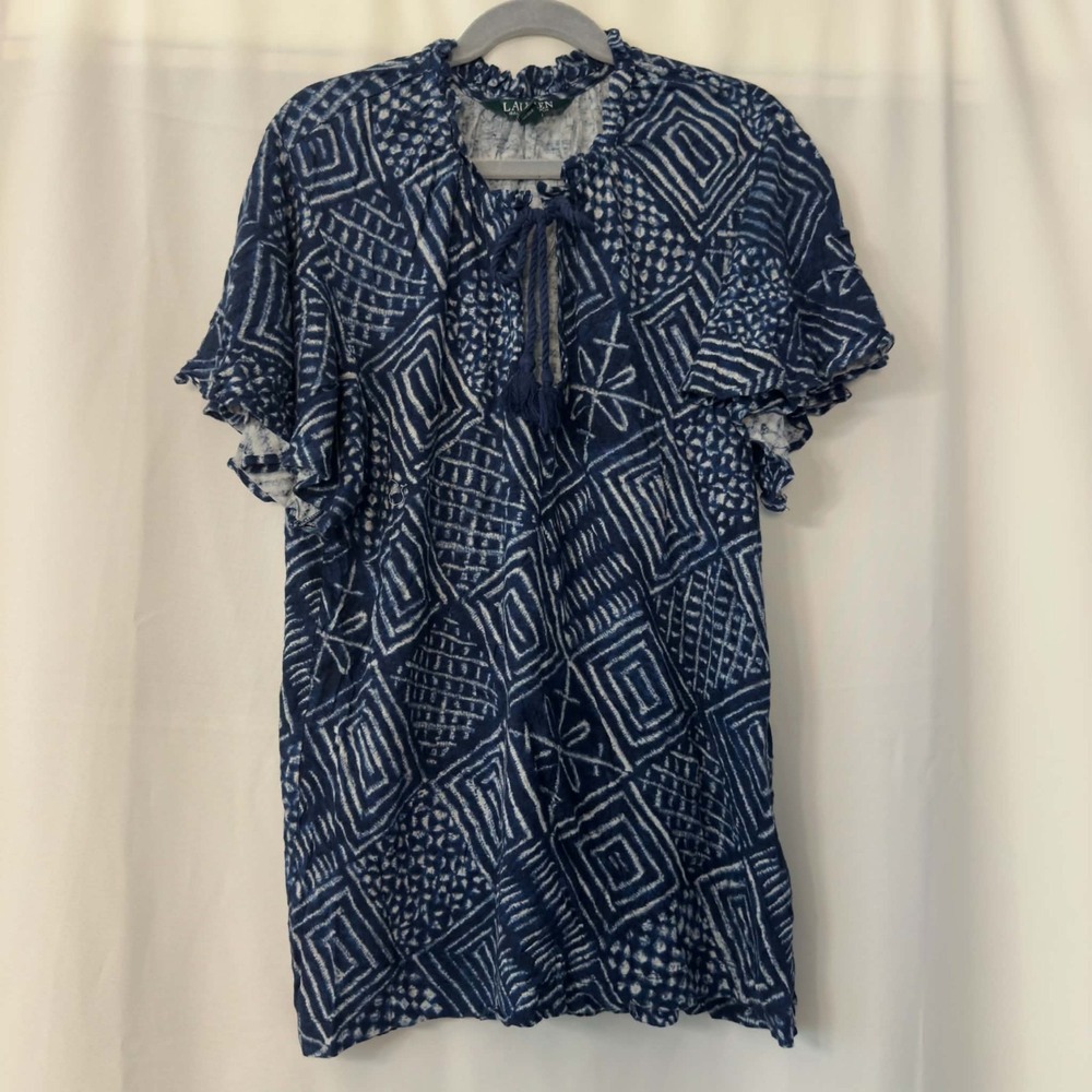 Lauren Ralph Lauren Small Petite Indigo Linen Geometric Ruffle Top Coastal Boho